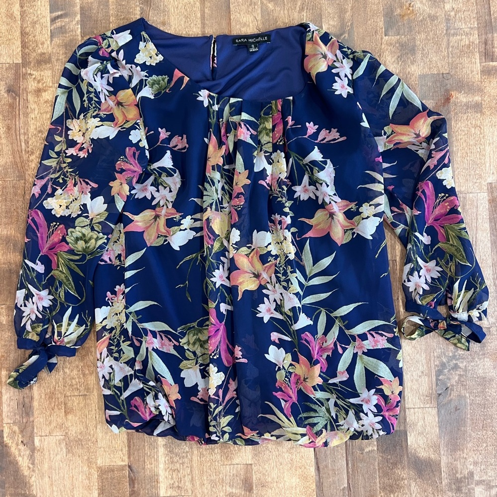 Sara Michelle Blue Pink 3/4 Sleeve Relaxed Blouse Small